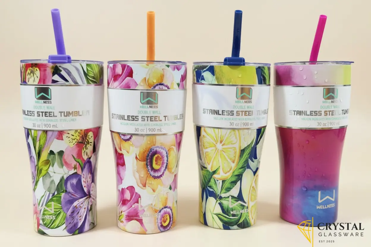 Wellness Double Wall Stainless Steel Tumblers with a 30 oz (900 mL) capacity and vibrant floral or citrus prints